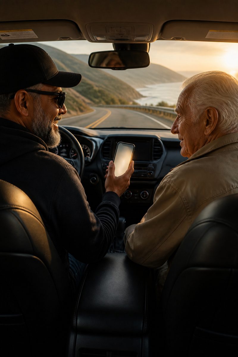 A man and his elderly father on a scenic drive, using a phone to plan an easy day with very little walking